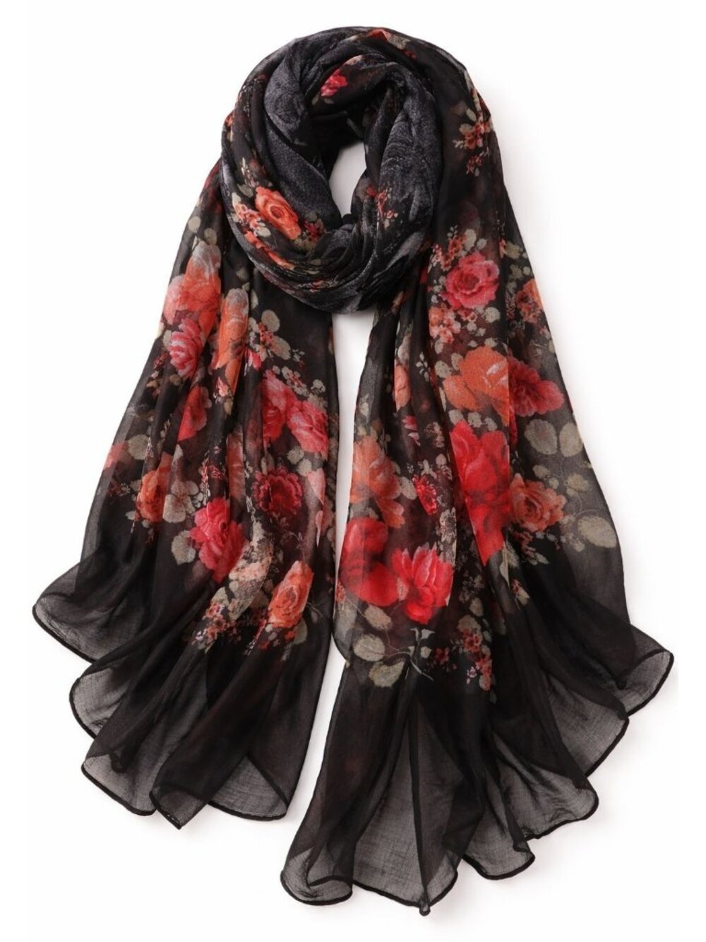 Black Floral Chiffon Scarf for Women, Lightweight Sheer Shawl Wrap, Elegant Red